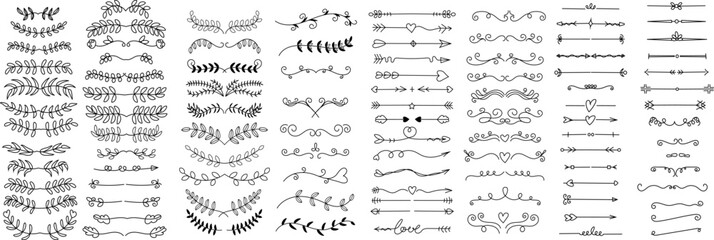 Obraz premium Elegant hand drawn botanical leaves collection created in a minimalist line art style. This abstract set of floral branches and foliage elements is perfect for modern branding, logo design, packaging,