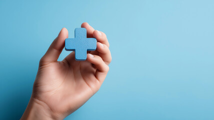 Obraz premium Hand Holding a plus sign on Minimal Background. Perfect for healthcare, wellness, or medical-related projects