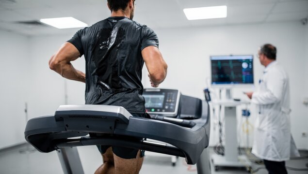 Behind-the-view of a sweating male patient on a treadmill during a supervised cardiac stress test with a doctor monitoring data on a screen illustrating the purpose and connection in modern medicine.