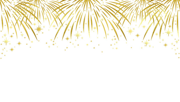 Golden fireworks border with radiant starbursts and gold glitter sparkling particles on transparent background. Elegant festive frame for New Year, celebration, wedding, party, luxury design.