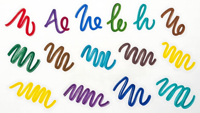 Multicolored cursive letters on a white background