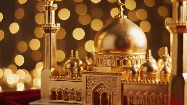 Golden miniature mosque with domes and minarets against a Ramadan background gradient with bokeh lights, conveying a serene and festive atmosphere.