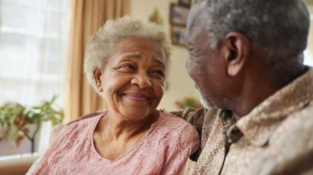 Loving senior African American couple share a tender moment at home. Warm affection, genuine smiles, and a lifetime of love. Happy retirement, connection, togetherness.