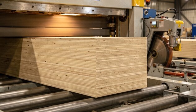 Medium shot capturing LVL beams undergoing pressing and trimming processes emphasizing strength and uniformity for advanced structural applications.