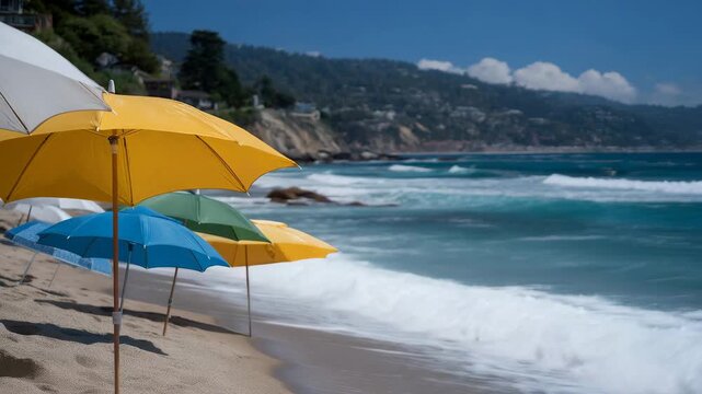 A beach corner where waves gently lap at the shore while colorful beach umbrellas dot the sand, inviting families and friends to enjoy a day of sun and relaxation by the ocean. cinematic color