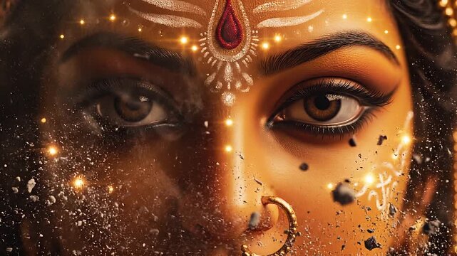 Close-up of a Divine Goddess with Sparkling Eyes and Intricate Face Markings.