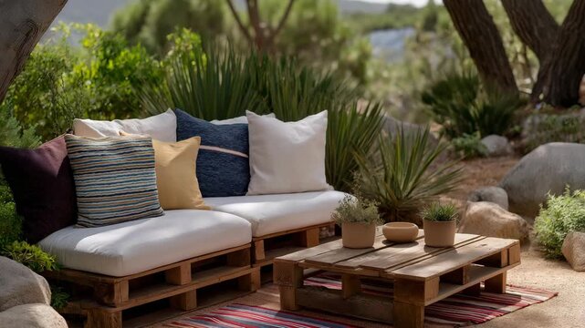 A cozy outdoor picnic setup featuring colorful blankets and a rustic pallet serving as a low coffee table, inviting friends to gather in a charming garden setting. cinematic color correction,