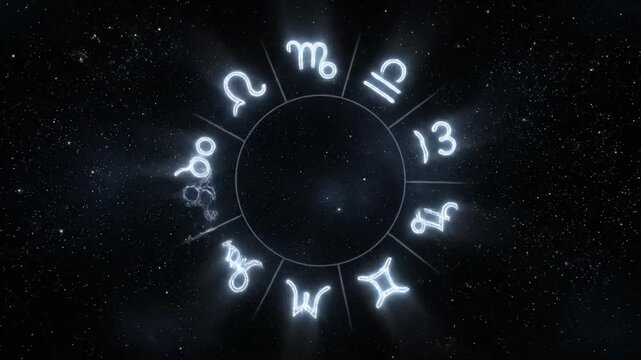 Glowing neon zodiac astrological symbols forming a circular chart under a dark, starry night sky, representing cosmic influence.