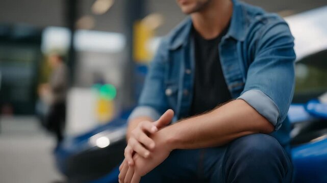 A driver resting hands loosely on their lap at a charging station, car paused, conveying transition, waiting, and modern mobility downtime. cinematic color correction, natural uneven lighting yet