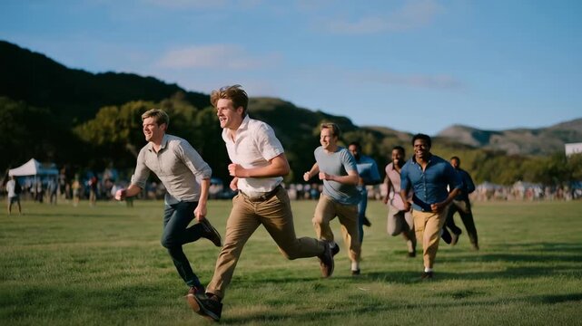 A joyful group of coworkers participating in a friendly competition, racing each other in sack races on a grassy field, showcasing team spirit and camaraderie during a day of team-building