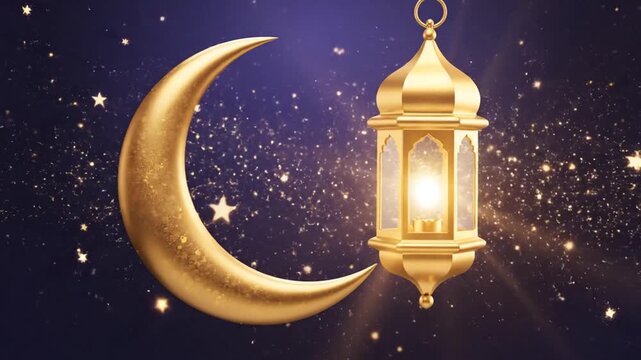 Golden lantern and crescent moon shining brightly in the night sky with stars and sparkles