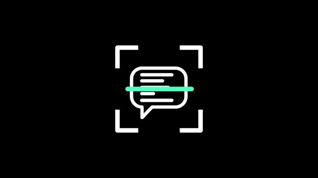 The frame contains a speech bubble icon being processed by a scanning line to suggest text analysis or automated message moderation technology.