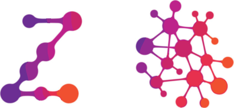Gradient molecule Z letter icon and colorful connected molecular network symbol for science, chemistry, biotech, and medical design