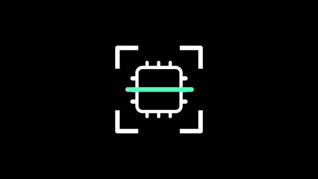 The graphic depicts a computer microchip being scanned to represent hardware diagnostics or integrated circuit verification technologies.