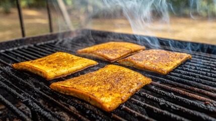 Grilled tofu squares on a barbecue grill.