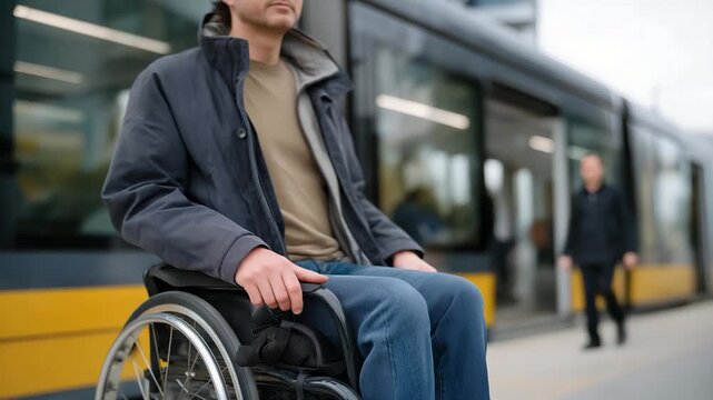 A wheelchair user using public transportation with low-floor access, representing inclusive urban design and mobility equity. cinematic color correction, natural uneven lighting yet gentle