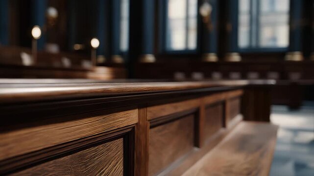 A wide-angle view of a traditional courtroom bench made of dark polished wood, elevated above the room to symbolize judicial authority, rule of law, and formal legal proceedings. cinematic color