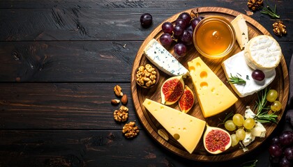 Delicious Cheese Board with Honey, Fruits, and Nuts on Wooden Tray.
