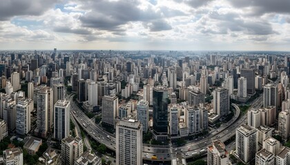 Fototapeta premium Expansive panoramic view of São Paulo skyline with dense modern skyscrapers under a dramatic cloudy sky, urban sprawl stretching far