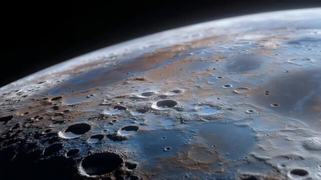 Abstract visualization of the lunar surface overlaid with resource maps, highlighting water ice detection, lunar mining potential, and space economy concepts. cinematic color correction, natural