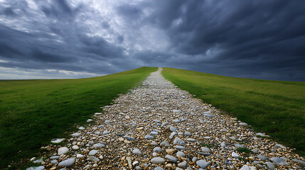Fototapeta premium A dramatic cobblestone path ascends a steep, verdant hill under an ominous, tempestuous dark sky, symbolizing a challenging journey ahead.