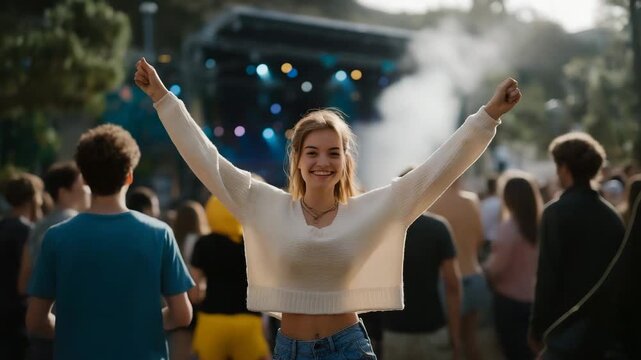 An exciting outdoor music festival with a diverse crowd dancing and enjoying live performances on a sunlit stage, creating a vibrant atmosphere filled with energy and celebration. cinematic color