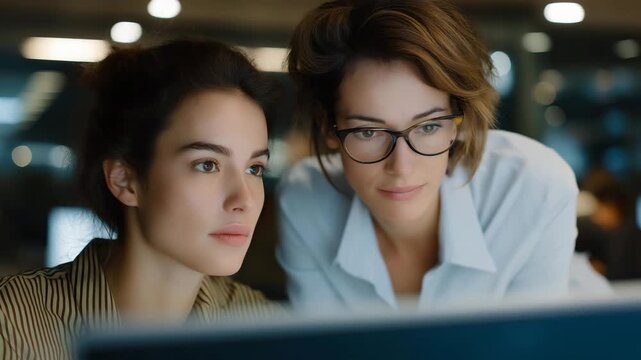 An experienced professional mentoring a junior colleague in a quiet office, emphasizing professional development, leadership, knowledge transfer, and workplace guidance. cinematic color correction,