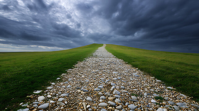 A dramatic cobblestone path ascends a steep, verdant hill under an ominous, tempestuous dark sky, symbolizing a challenging journey ahead.