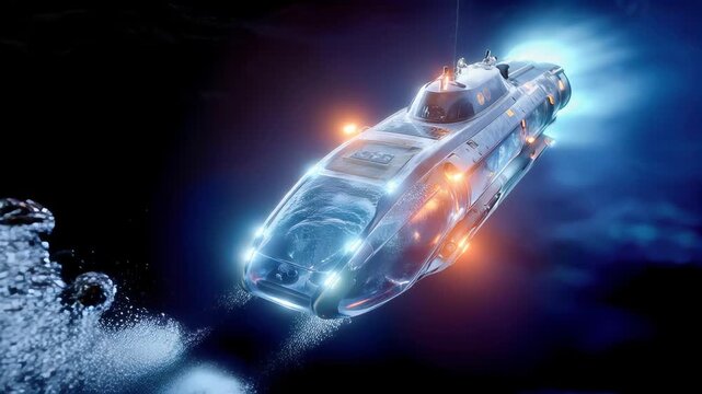 Futuristic deep-sea bathyscaphe submarine with glowing lights cruising underwater, ocean exploration and research concept