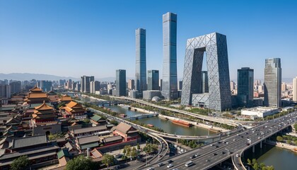 Fototapeta premium Striking modern CCTV Headquarters building with unique looped angular design, surrounded by sleek skyscrapers under clear blue sky in Beijing