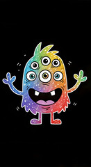 Colorful Monster's Delight: A vibrantly colored cartoon monster with multiple eyes, radiating joy and fun, against a mysterious, dark backdrop.
