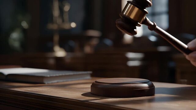 Close-up of a judge&rsquo;s gavel resting on the courtroom bench beside statute books, representing authority, final judgment, and the weight of legal decisions. cinematic color correction, natural