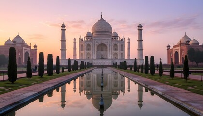 Obraz premium Majestic Taj Mahal at soft sunrise, white marble glowing pink-orange, perfectly reflected in long pool, symmetrical gardens and minarets