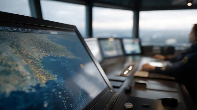 Maritime radar screen aboard a ship displaying nearby vessels and coastlines, representing navigation safety and collision avoidance at sea. cinematic color correction, natural uneven lighting yet