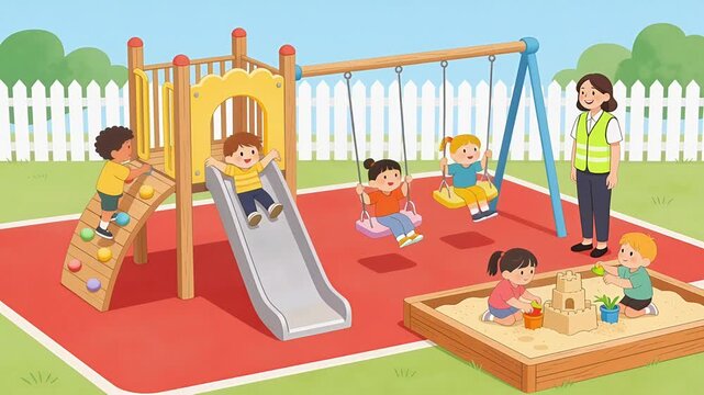 Children playing happily in a vibrant outdoor playground with a teacher supervising.