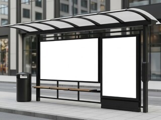 Modern bus shelter with transparent roof in urban setting