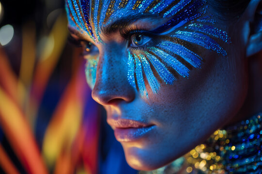 Close-up portrait of woman with vibrant neon festival face paint and glitter at Ultra Music Festival Miami night event