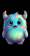 Playful Creature's Gentle Smile: a whimsical cartoon monster with soft, colorful fur, large eyes, and a joyful grin.