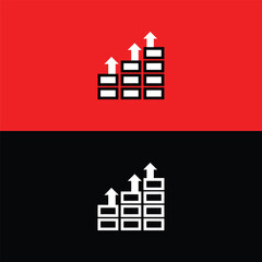 Obraz premium A vibrant red background highlights a minimalist icon depicting a stacked bar chart with ascending white arrows, symbolizing growth and positive financial trends.