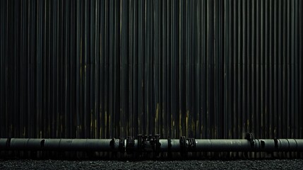 Industrial scene with pipes against a corrugated metal wall.