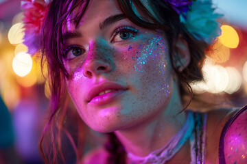 Young woman with colorful glitter face paint at Ultra Music Festival Miami night party under neon lights