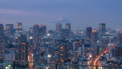 Obraz premium Stunning twilight cityscape of Tokyo with illuminated skyscrapers and the silhouette of Mount Fuji in the background under a deep blue sky, blending urban modernity with Japan's