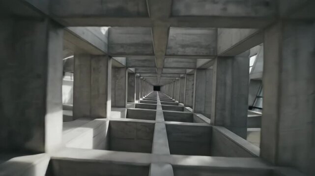 Captivating perspective of a vast, abstract concrete space, characterized by bold lines and sharp angles, creating a mesmerizing sense of depth and infinity amidst fading daylight.
