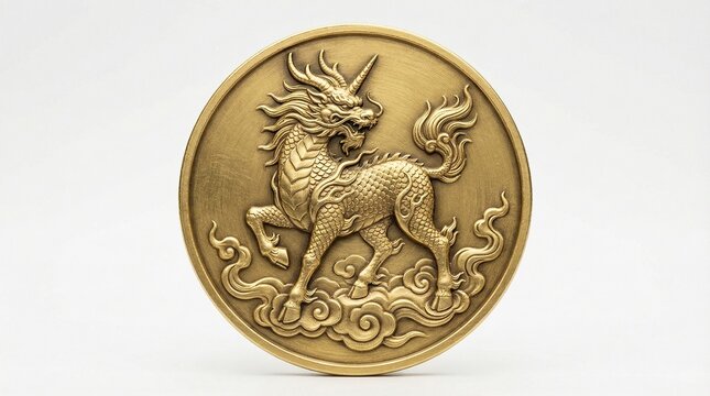 Golden Qilyn Coin &ndash; Chinese Feng Shui Wealth Symbol on White Background
