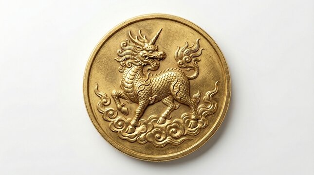 Golden Qilyn unicorn Coin &ndash; Chinese Feng Shui Wealth Symbol on White Background
