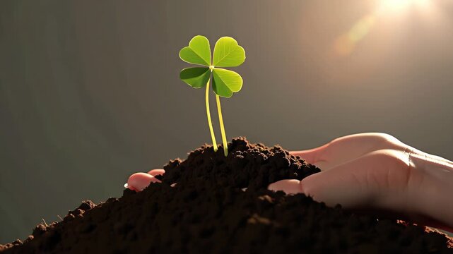 Four Leaf Shamrock Clover sprouting in hand St Patrick Day Holiday Seedling Commitment Irish Plant Symbol