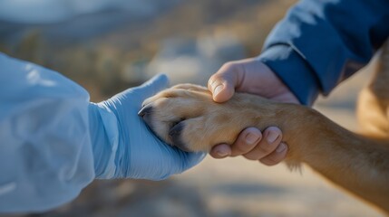 A calm medical moment shows the hand of a veterinarian wearing a protective glove, gently holding an animal paw, symbolizing trust, care, and professional veterinary treatment. cinematic color