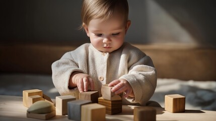 An inviting table scene with baby hands discovering intricately designed wooden toys, showcasing the significance of tangible play in cognitive development for infants. cinematic color correction,