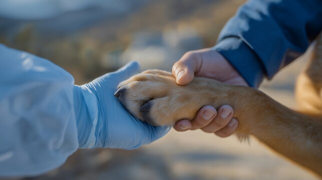 A calm medical moment shows the hand of a veterinarian wearing a protective glove, gently holding an animal paw, symbolizing trust, care, and professional veterinary treatment. cinematic color