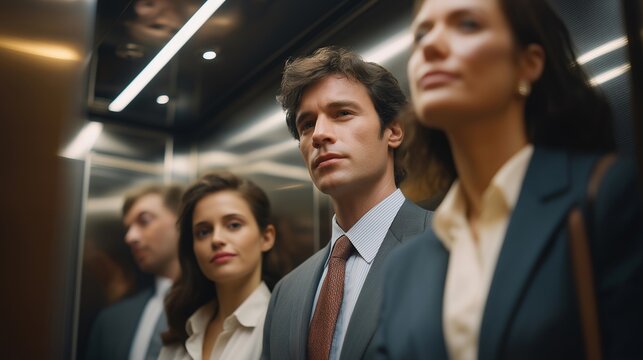 Office elevator scene during business hours, professionals standing inside reflecting workday rhythm, time management, and corporate environment. cinematic color correction, natural uneven lighting